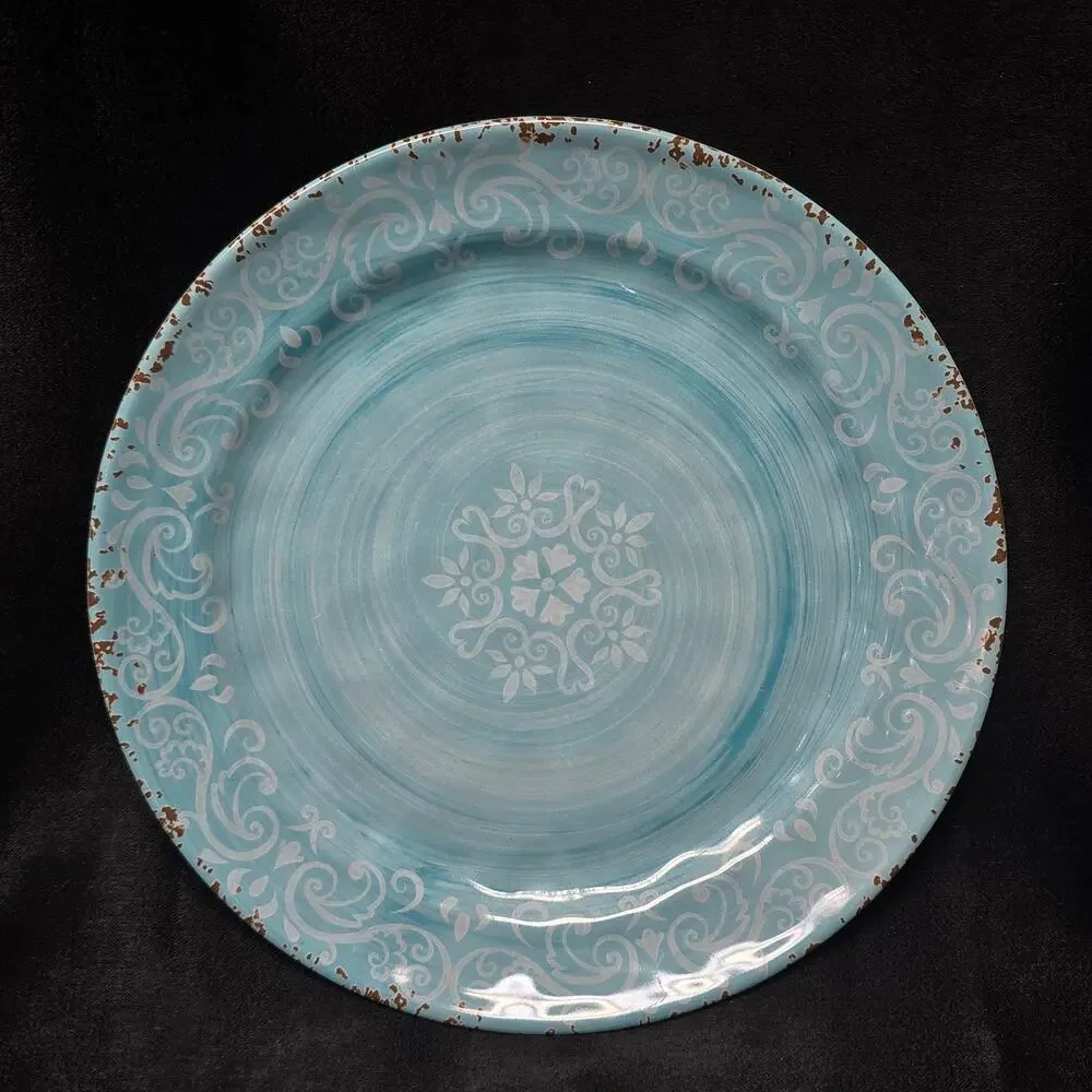 Cynthia Rowley Melamine Blue Rustic Crackle Scroll Dinner Plates 11